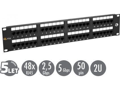 19" patch panel Solarix 48 x RJ45 CAT5E UTP 150 MHz černý 2U SX48-5E-UTP-BK