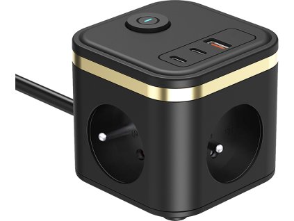 Viking síťový adaptér YC33, 3x 230 V, 1x USB-A, 2x USB-C, tlačítko ON/OFF, délka 1,4 m, černá