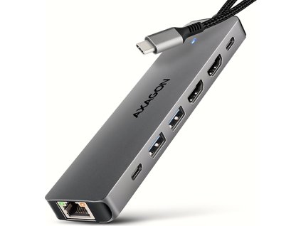 AXAGON HMC-7HX2, USB 5Gbps hub, 2x USB-A, USB-C, 2x HDMI 4k/60Hz, RJ-45 GLAN, PD 100W, kábel USB-C 15cm