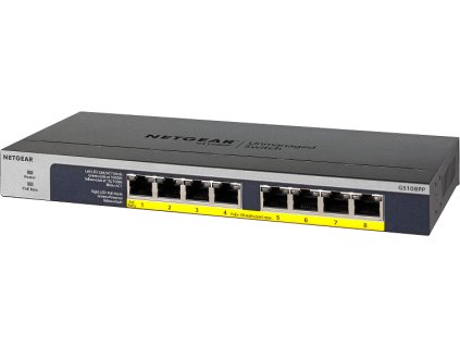 Netgear GS108PP 8-portový gigabitový PoE+ switch, 8x gigabitový port PoE, rozpočet PoE 123 W, bez ventilátora