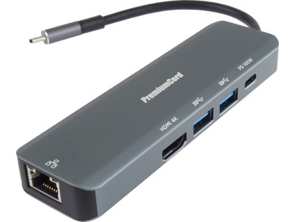 PREMIUMCORD Adaptér USB-C na Gigabit 10/100/1000Mbps + 1x HDMI,  2x USB3.2, 1x PD 100W konektor, Šedá