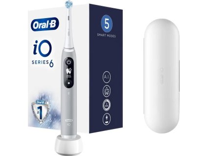 Oral-B iO Series 6 Grey Opal elektrický zubní kartáček, magnetický, 5 režimů, tlakový senzor, AI, pouzdro