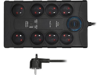 Solight přepěťová ochrana, 8z, USB A+CA, 2m, černá