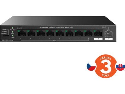 Tenda TEG1110PF-8-120W PoE+ AT switch 8xPoE 802.3af/at + Uplink RJ45 + SFP port, 110W, PoE+, fanless