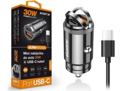 ALIGATOR chytrá mini nabíječka do auta Power Delivery 30W, USB-C + USB-A, kabel USB-C/USB-C, černá