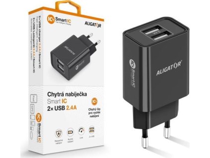 Aligator síťová nabíječka, 2x USB, smart IC, 2,4 A, černá