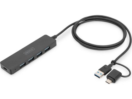USB 3.0 Hub 4-port, Slimline s USB-C adaptérem, 5 Gb/s, 1,2 m kabel

Rozšiřuje váš notebook o připojení USB-C nebo USB A o 4 další superrychlé porty USB.

- Navíc 4x USB A 3.0 s rychlostí až 5 Gbps je možné připojit do portu USB-A nebo USB-C, k tomu