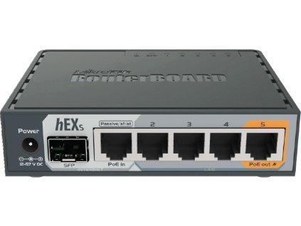 MikroTik RouterBOARD hEX S, 880MHz dvojjadrový CPU, 256MB RAM, 5x LAN, 1x SFP, PoE in/out, USB, microSD slot, vrátane. Licencia L4