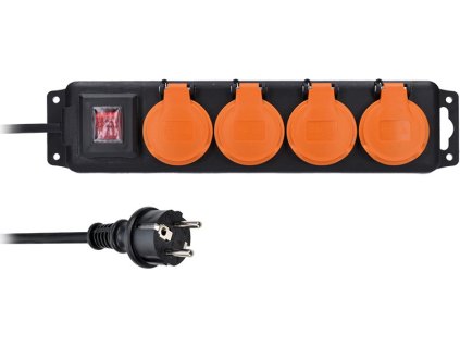 Solight prodlužovací přívod IP44, 4 zásuvky, gumový kabel, vypínač, venkovní, 10m