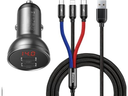 Baseus Digital Display duálny adaptér do auta 2* USB-A a opletený kábel 3v1 4,8A, čierny