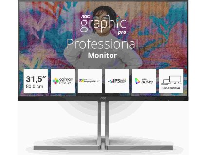 AOC MT VA LCD WLED 31,5" U32U3CV - IPS nano color, 3840x2160, HDMI, DP, USB-C, USB 3.2, RJ45, pivot, repro