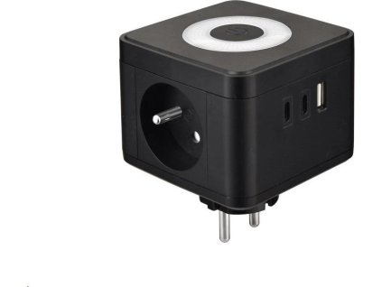 Viking síťový adaptér Y23L, 2x 230 V, 1x USB-A, 2x USB-C, dotykové světlo, černá