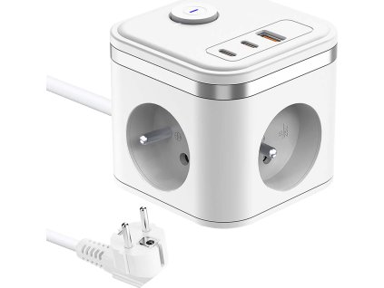 Viking síťový adaptér YC33, 3x 230 V, 1x USB-A, 2x USB-C, tlačítko ON/OFF, délka 1,4 m, bílá