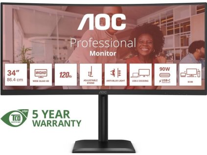 AOC MT 34" CU34E4CV - 3440x1440,VA,120Hz,HDR10,2xHDMI,DP,USBhub,USB-C,RJ45,repro,Zakřivený