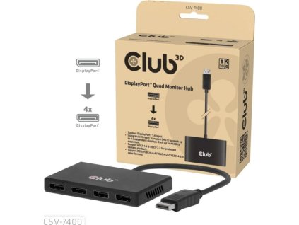 Club3D hub MST (Multi Stream Transport) DisplayPort 1.4 na 4x DisplayPort, Quad monitor, 4x 4K30Hz, 8K30Hz