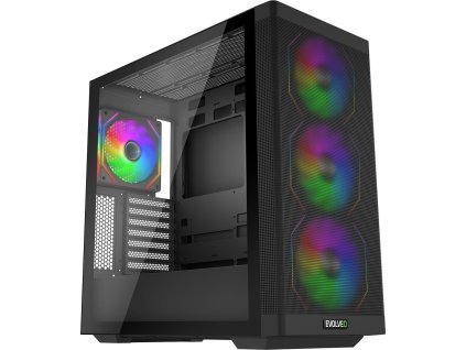 EVOLVEO Scorpio, skříň eATX/ATX, 4x ARGB ventilátor 120mm, boční panel temperované sklo + mřížkovaný přední panel