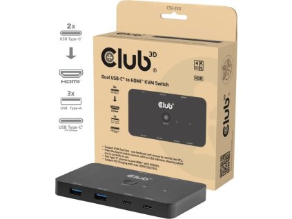 Club3D KVM Switch, 2xUSB-C na HDMI, 4K60Hz, PD 100W