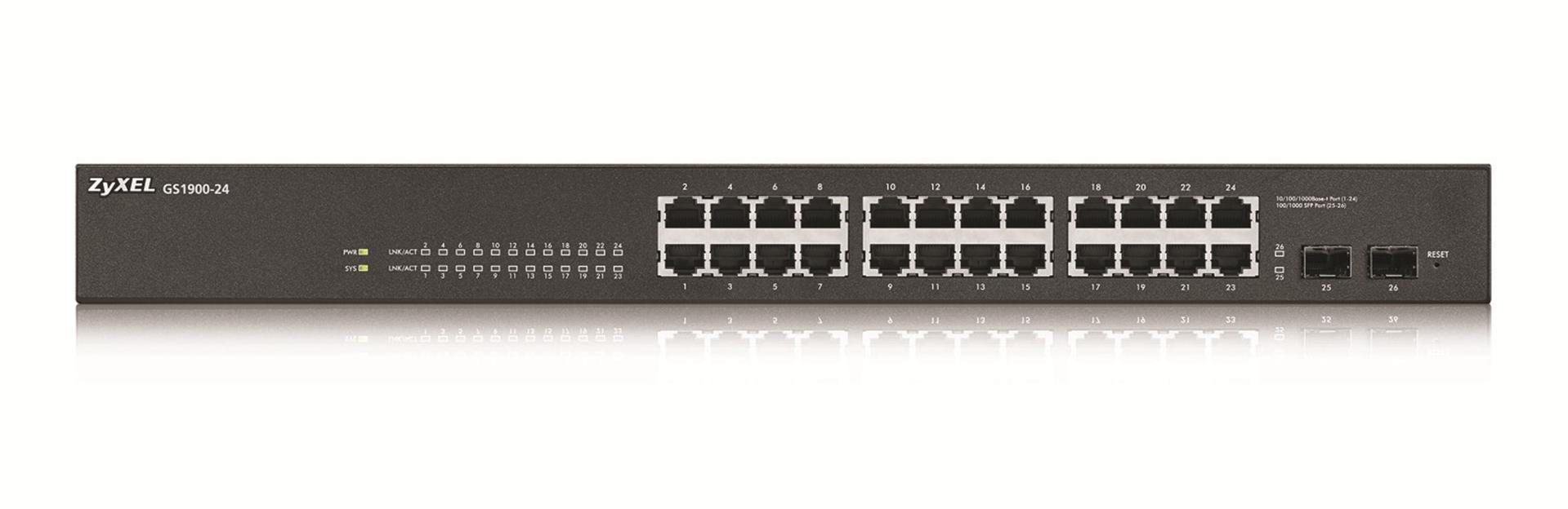 Zyxel GS1900-24 v2 26portový gigabitový webový inteligentný prepínač, 24x gigabitový RJ45, 2x SFP, bez ventilátora