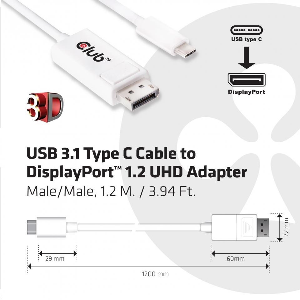 Club 3D Adaptér Club3D USB 3.1 Typ C na DisplayPort 1.2 4K60Hz UHD 1,2 m (M/M)