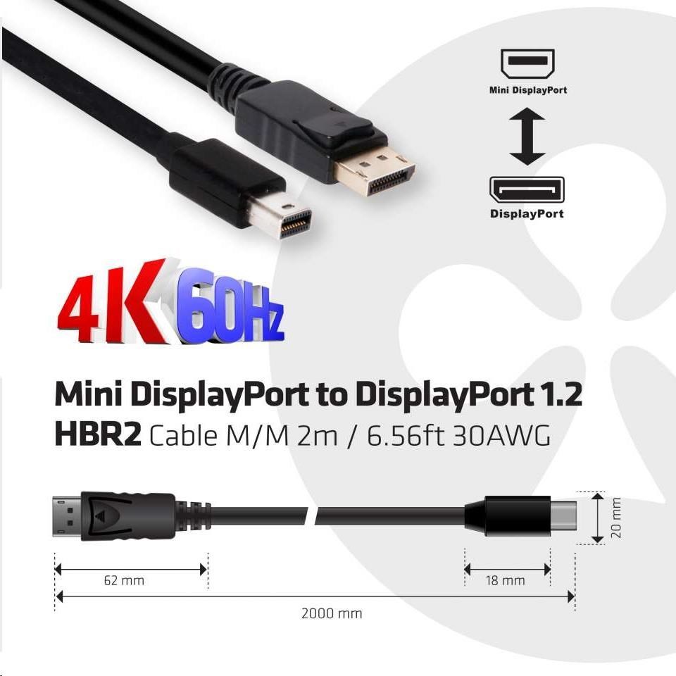 Club 3D Kábel Club3D Mini DisplayPort na DisplayPort 1.2 4K60Hz UHD obojsmerný, (M/M), 2 m