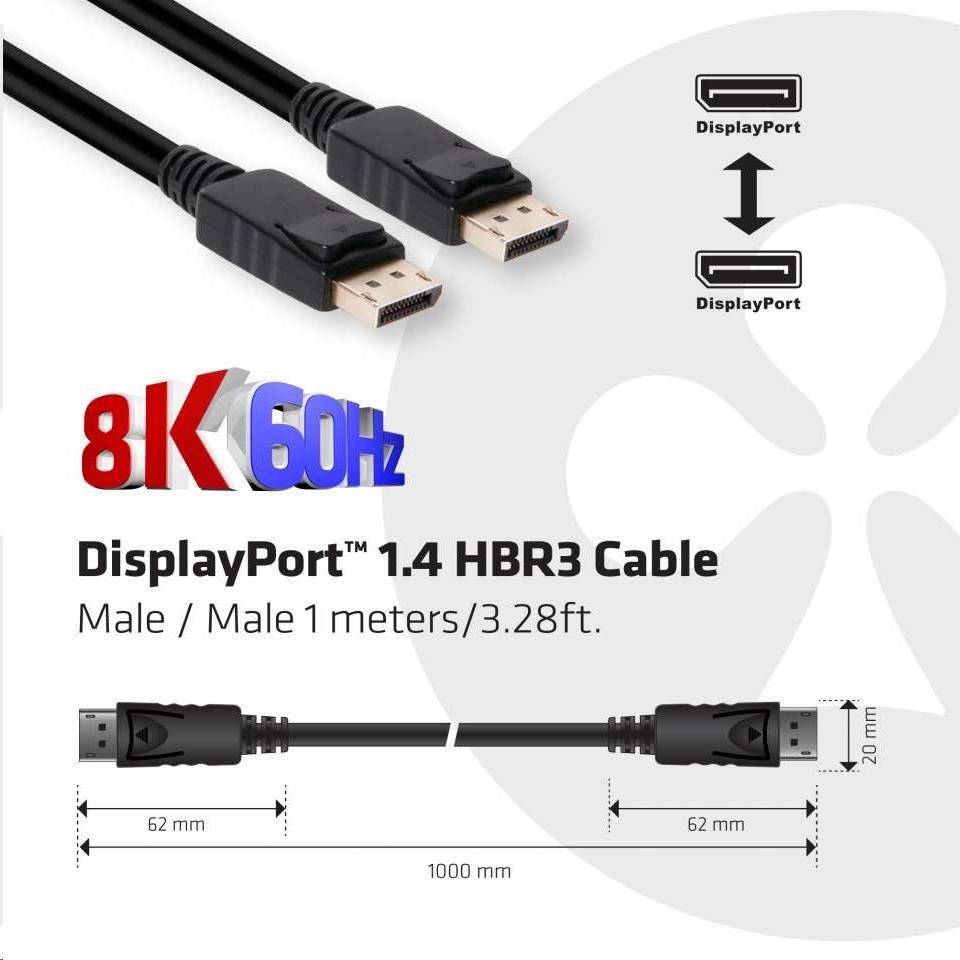 Club 3D Club3D Certifikovaný Kabel DisplayPort 1.4 HBR3 8K60Hz (M/M), 1m