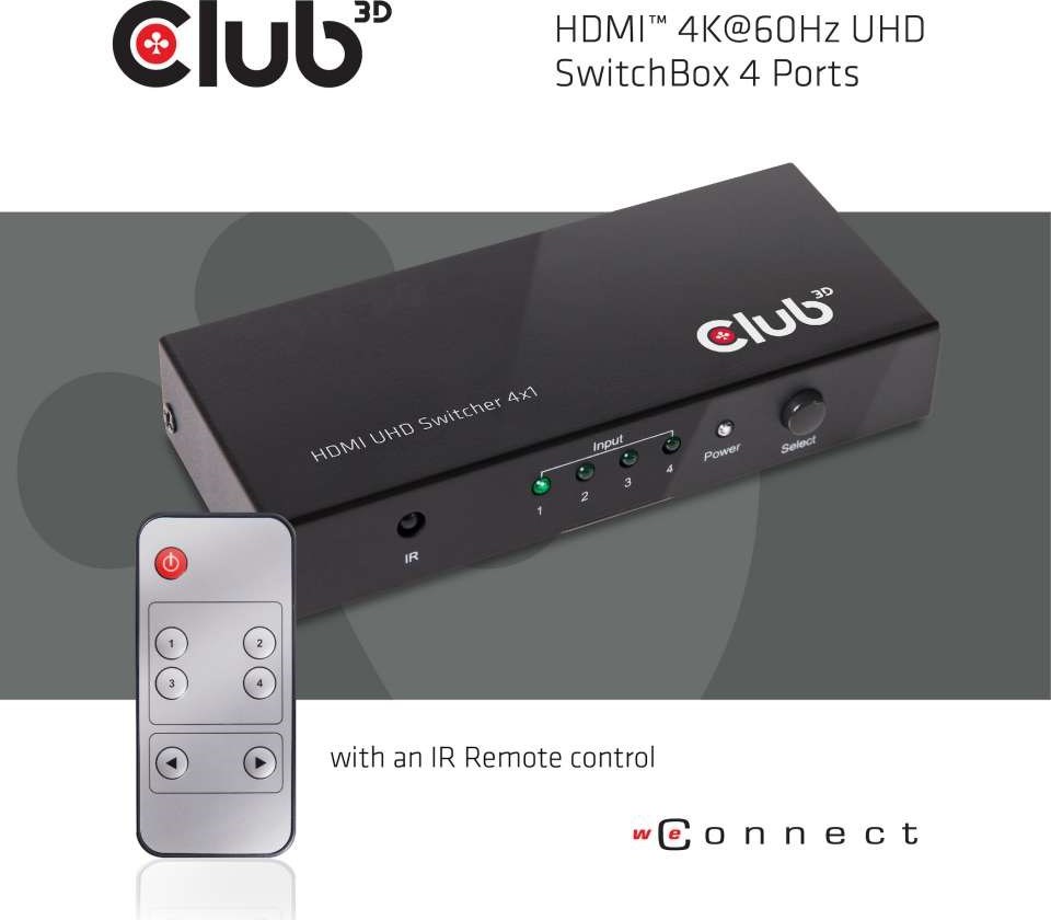 Club 3D Club3D Video prepínač 4:1 HDMI 2.0 4K60Hz UHD, 4 porty