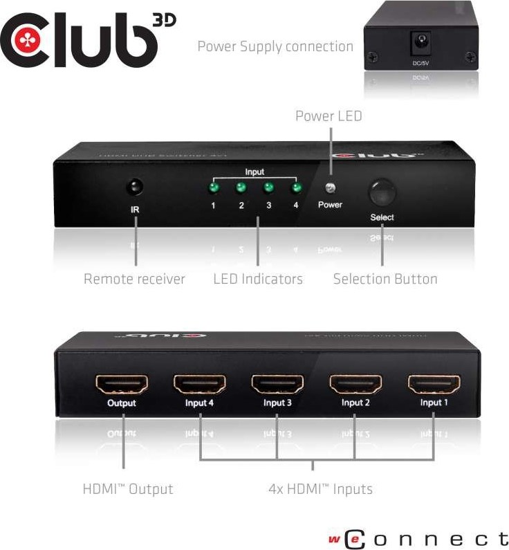 Club 3D Club3D Video prepínač 4:1 HDMI 2.0 4K60Hz UHD, 4 porty