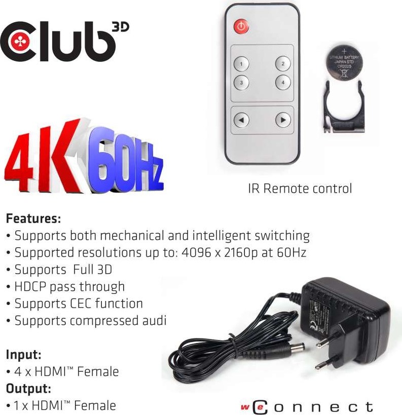 Club 3D Club3D Video prepínač 4:1 HDMI 2.0 4K60Hz UHD, 4 porty
