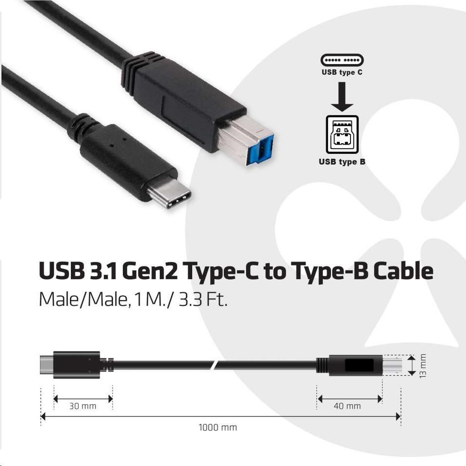 Club 3D Kábel USB Club3D 3.1 USB Type-C Gen2 na USB Type-B (M/M), 1 m