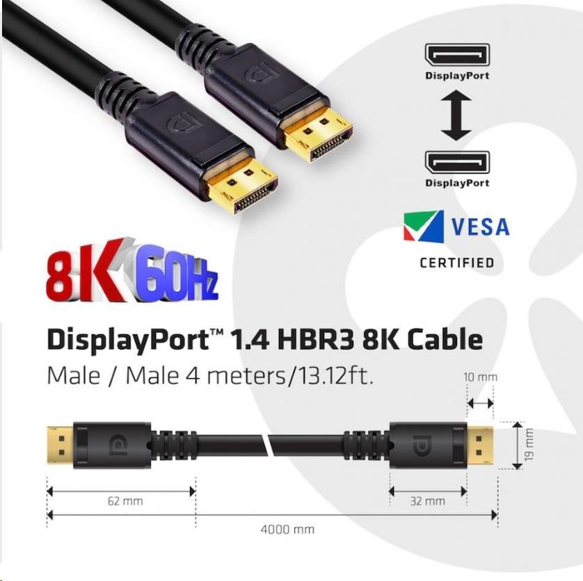 Club 3D Club3D Kabel certifikovaný DisplayPort 1.4 HBR3, 8K60Hz (M/M), černé koncovky, 4m, 24 AWG
