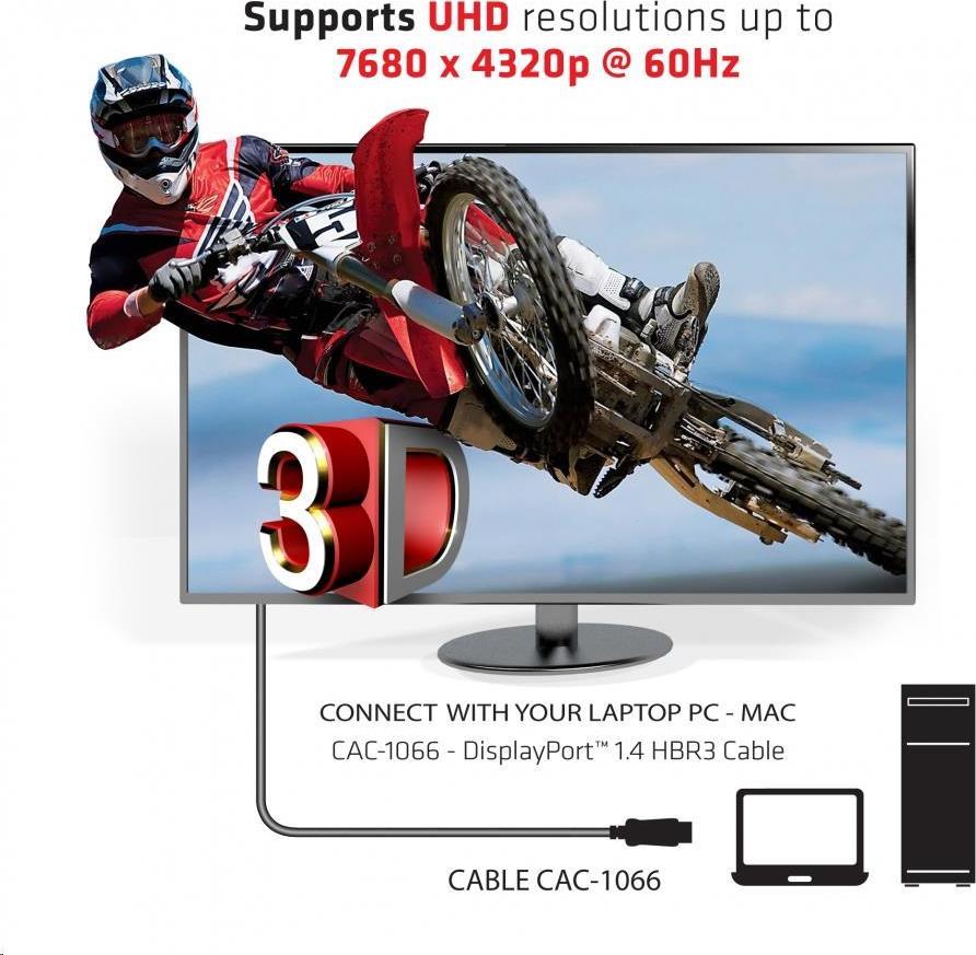 Club 3D Club3D Kabel certifikovaný DisplayPort 1.4 HBR3, 8K60Hz (M/M), černé koncovky, 4m, 24 AWG