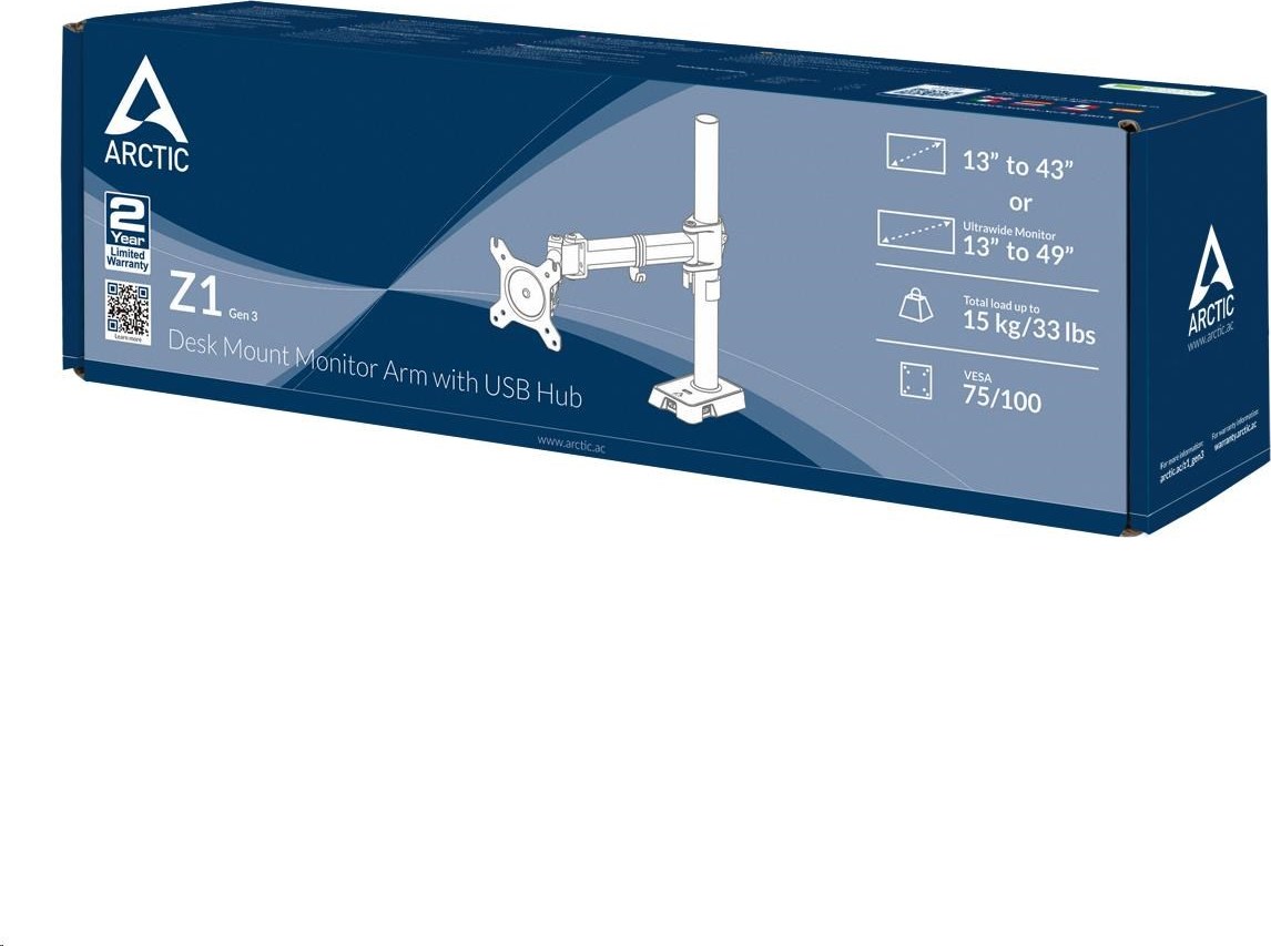 Arctic Cooling Držiak stola ARCTIC Z1 (Gen.3) pre 1x LCD do 43", nosnosť 15 kg, USB HUB, čierny
