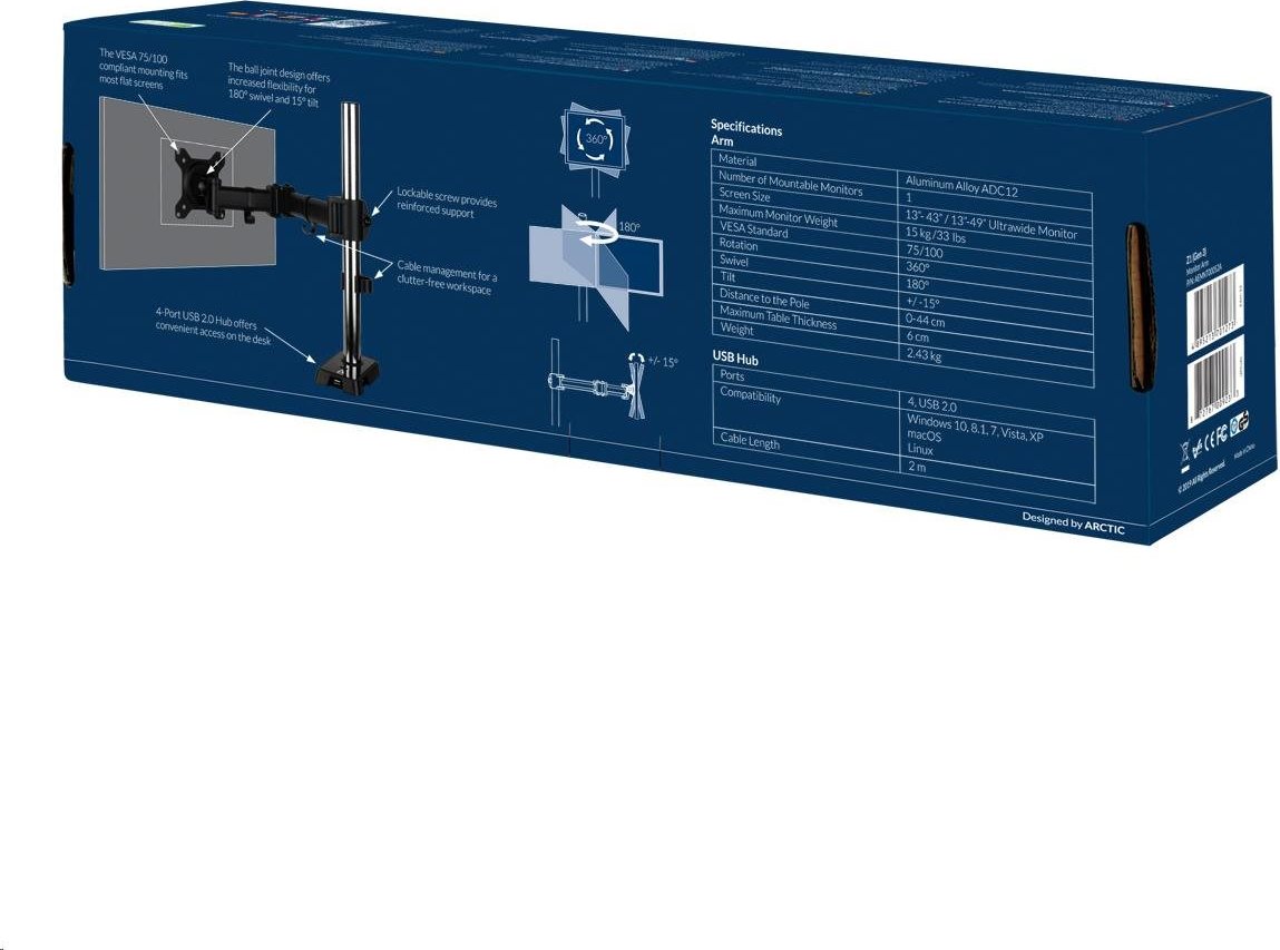 Arctic Cooling Držiak stola ARCTIC Z1 (Gen.3) pre 1x LCD do 43", nosnosť 15 kg, USB HUB, čierny