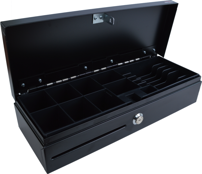 Pokladničná zásuvka Virtuos FT-460C Flip top, s krytom, 9-24V, čierna - s káblom