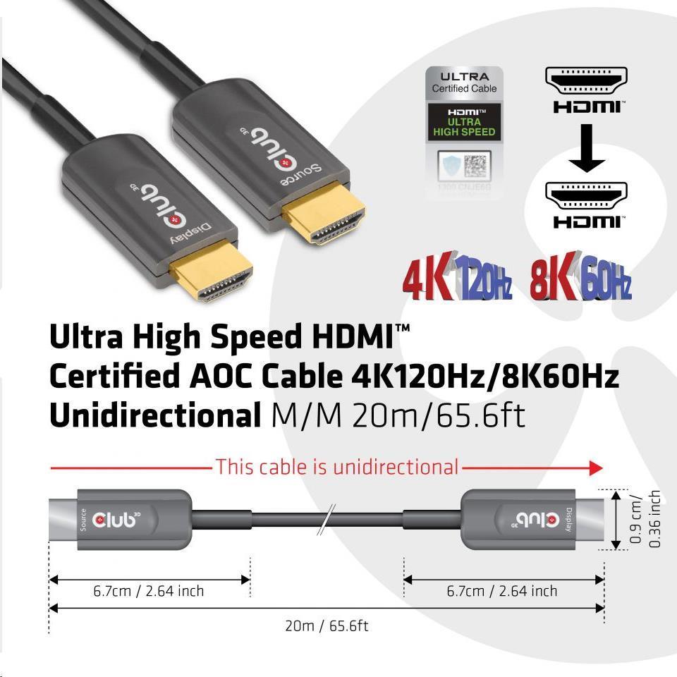 Club 3D Club3D Kabel prodlužovací Ultra Rychlý HDMI™ Certifikovaný AOC kabel 8K60Hz (M/M), 4K120Hz, 20m, černá