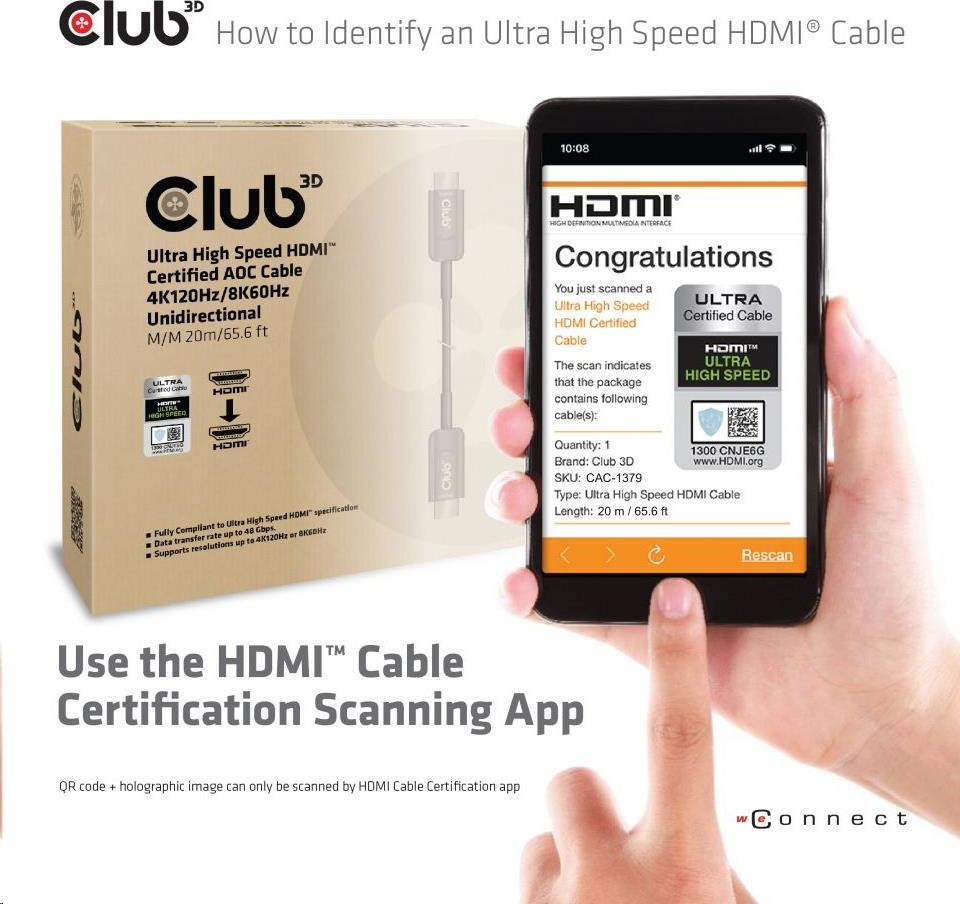 Club 3D Club3D Kabel prodlužovací Ultra Rychlý HDMI™ Certifikovaný AOC kabel 8K60Hz (M/M), 4K120Hz, 20m, černá