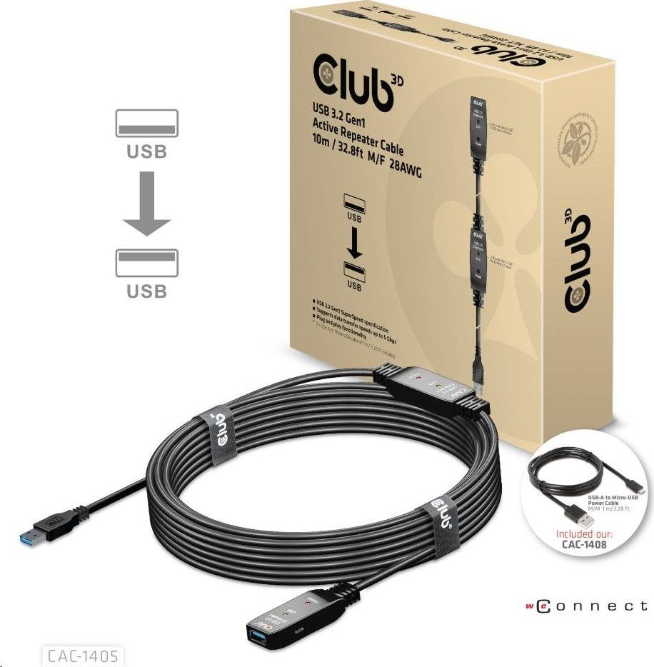 Club 3D Kábel USB Club3D 3.2 Kábel aktívneho opakovača Gen1 M/F 28AWG, 10 m