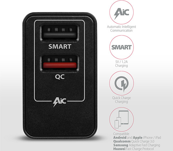 AXAGON ACU-QS24, sieťová nabíjačka QC & SMART 24 W, 2x port USB-A, QC3.0/AFC/FCP + 5V/1,2A