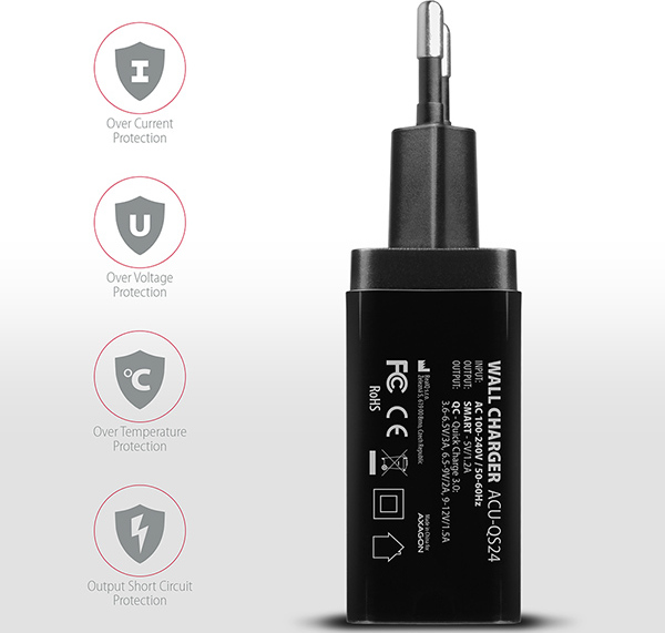AXAGON ACU-QS24, sieťová nabíjačka QC & SMART 24 W, 2x port USB-A, QC3.0/AFC/FCP + 5V/1,2A
