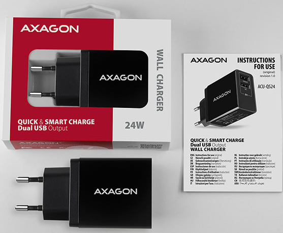 AXAGON ACU-QS24, sieťová nabíjačka QC & SMART 24 W, 2x port USB-A, QC3.0/AFC/FCP + 5V/1,2A
