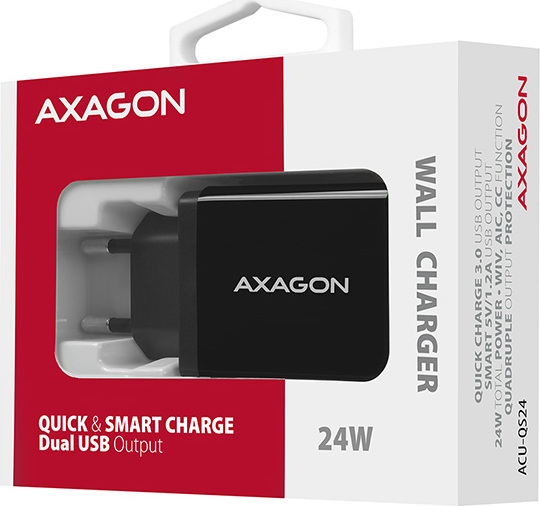 AXAGON ACU-QS24, sieťová nabíjačka QC & SMART 24 W, 2x port USB-A, QC3.0/AFC/FCP + 5V/1,2A