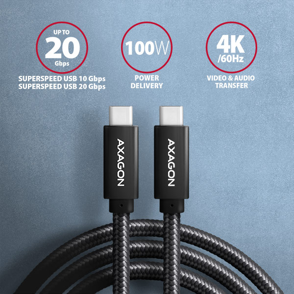 AXAGON BUCM32-CM10AB, SPEED+ kábel USB-C USB-C, 1 m, USB 20Gbps, PD 100W 5A, 4k HD, ALU, opletenie, čierny