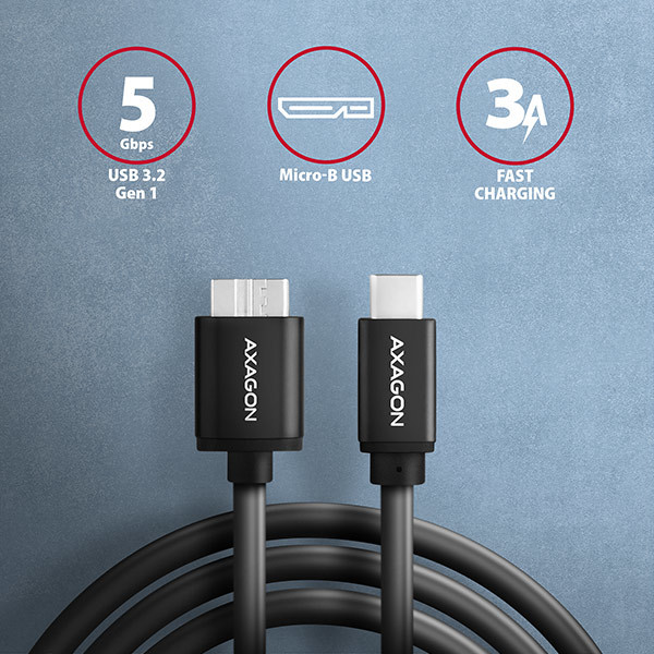 AXAGON BUMM3-CM10AB, SPEED kábel Micro-B USB USB-C, 1 m, USB 3.2 Gen 1, 3A, ALU, tpe, čierna