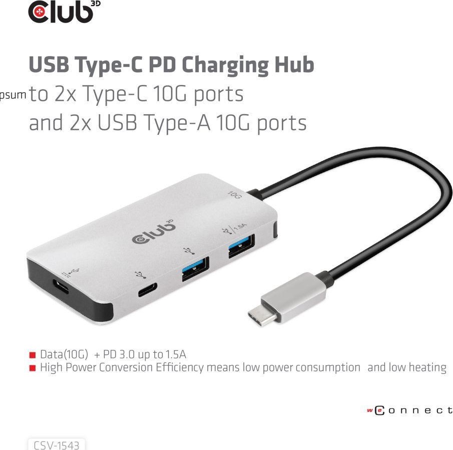 Club 3D Club3D USB-C Gen2 PD hub pre 2x USB-C 10G porty a 2x USB-A 10G porty