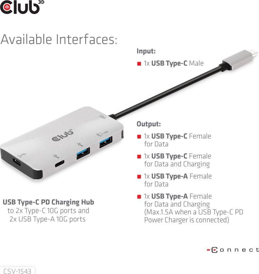 Club 3D Club3D USB-C Gen2 PD hub pre 2x USB-C 10G porty a 2x USB-A 10G porty