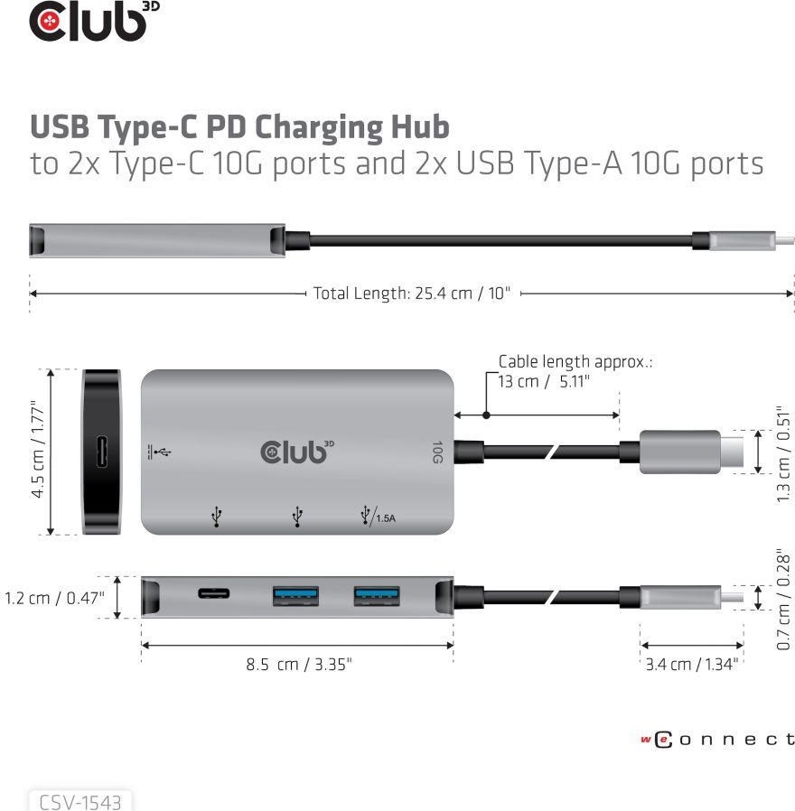 Club 3D Club3D USB-C Gen2 PD hub pre 2x USB-C 10G porty a 2x USB-A 10G porty