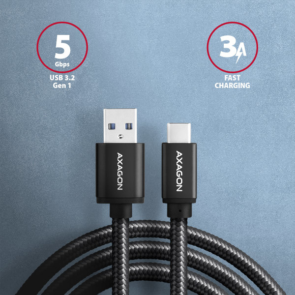 AXAGON BUCM3-AM10AB, SPEED kábel USB-C USB-A, 1 m, USB 3.2 Gen 1, 3A, ALU, opletenie, čierna