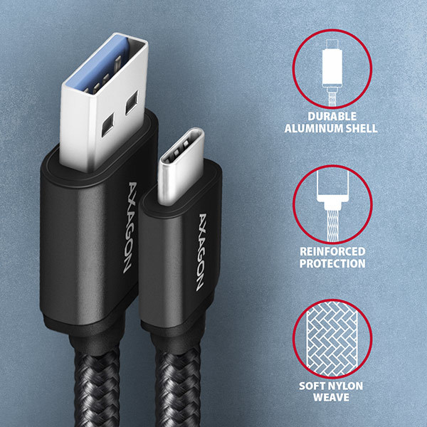 AXAGON BUCM3-AM10AB, SPEED kábel USB-C USB-A, 1 m, USB 3.2 Gen 1, 3A, ALU, opletenie, čierna