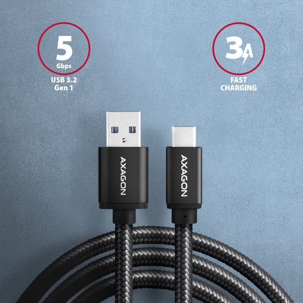 AXAGON BUCM3-AM20AB, SPEED kábel USB-C USB-A, 2 m, USB 3.2 Gen 1, 3A, ALU, opletenie, čierna