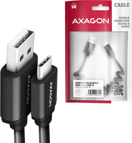 AXAGON BUCM-AM10TB, TWISTER kábel USB-C USB-A, 0.6 m, USB 2.0, 3A, ALU, tpe, čierna